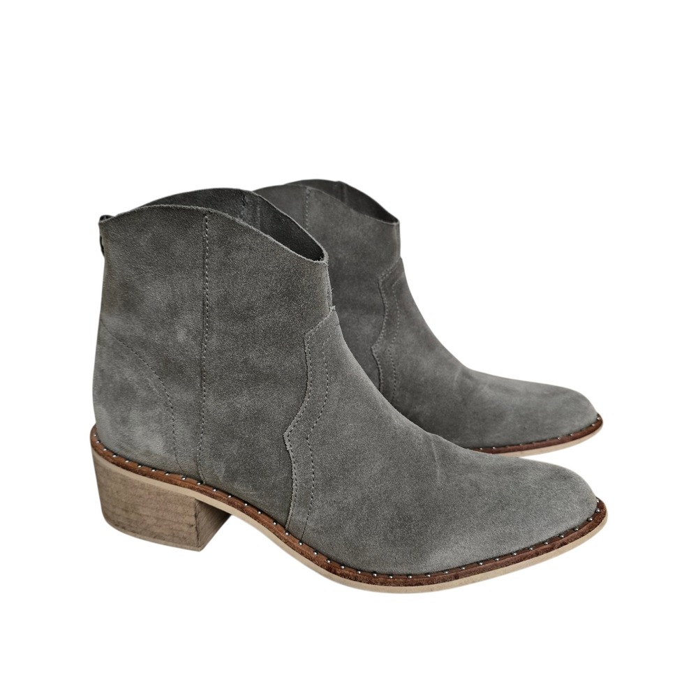 Crevo Clara Grey Suede Western Ankle Boots Studded Pointed Toe Block Heel Size 8